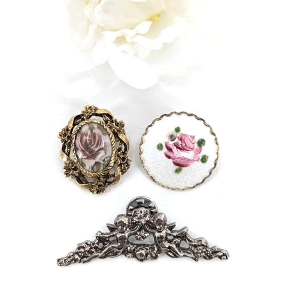 Rose Guilloche Floral Angel Vintage Brooch Pin Bu… - image 1