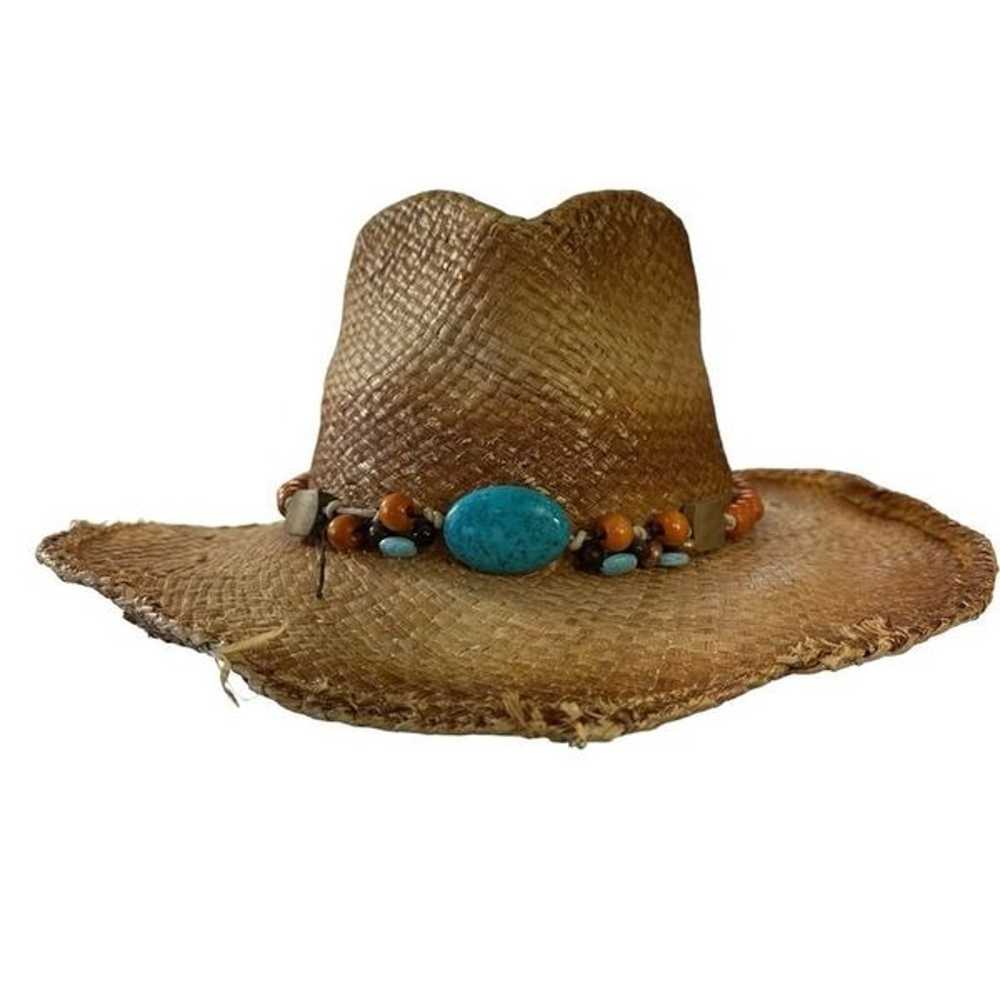 VTG Scala Woven Straw Cowboy Beachy Beaded Hat - image 3