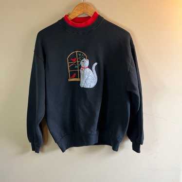 Vintage Cat Mock Crewneck Sweatshirt - Womens Larg