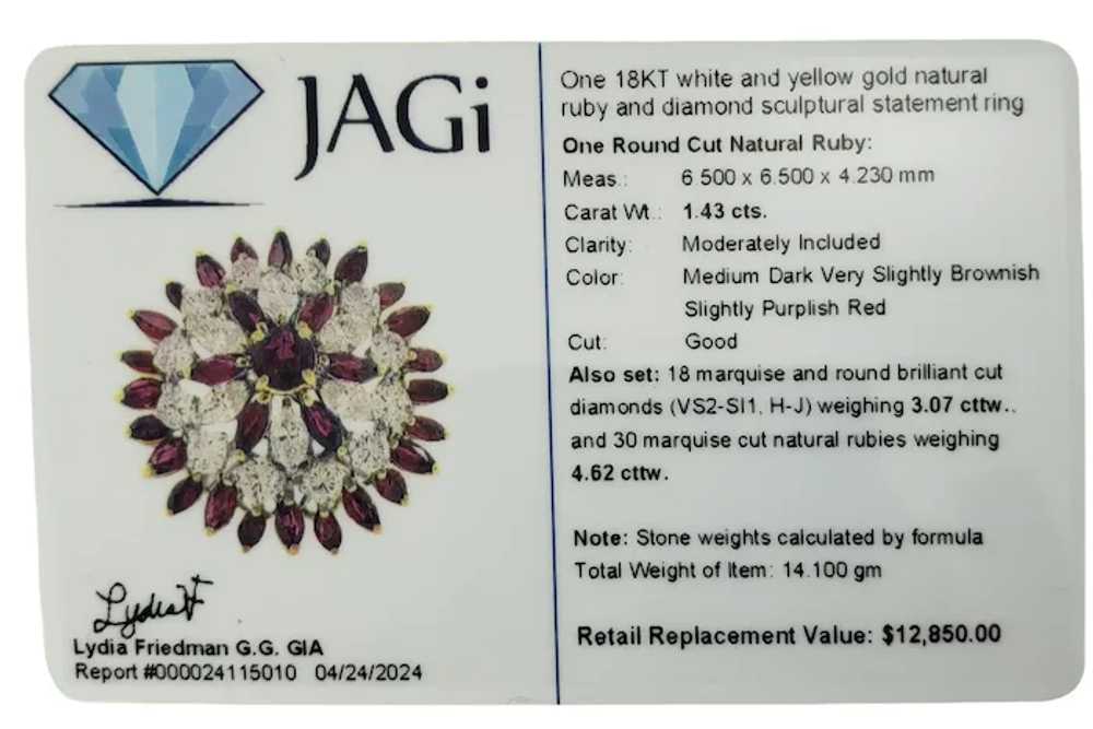 18K Two Tone Gold Ruby & Diamond Cluster Ring Siz… - image 7