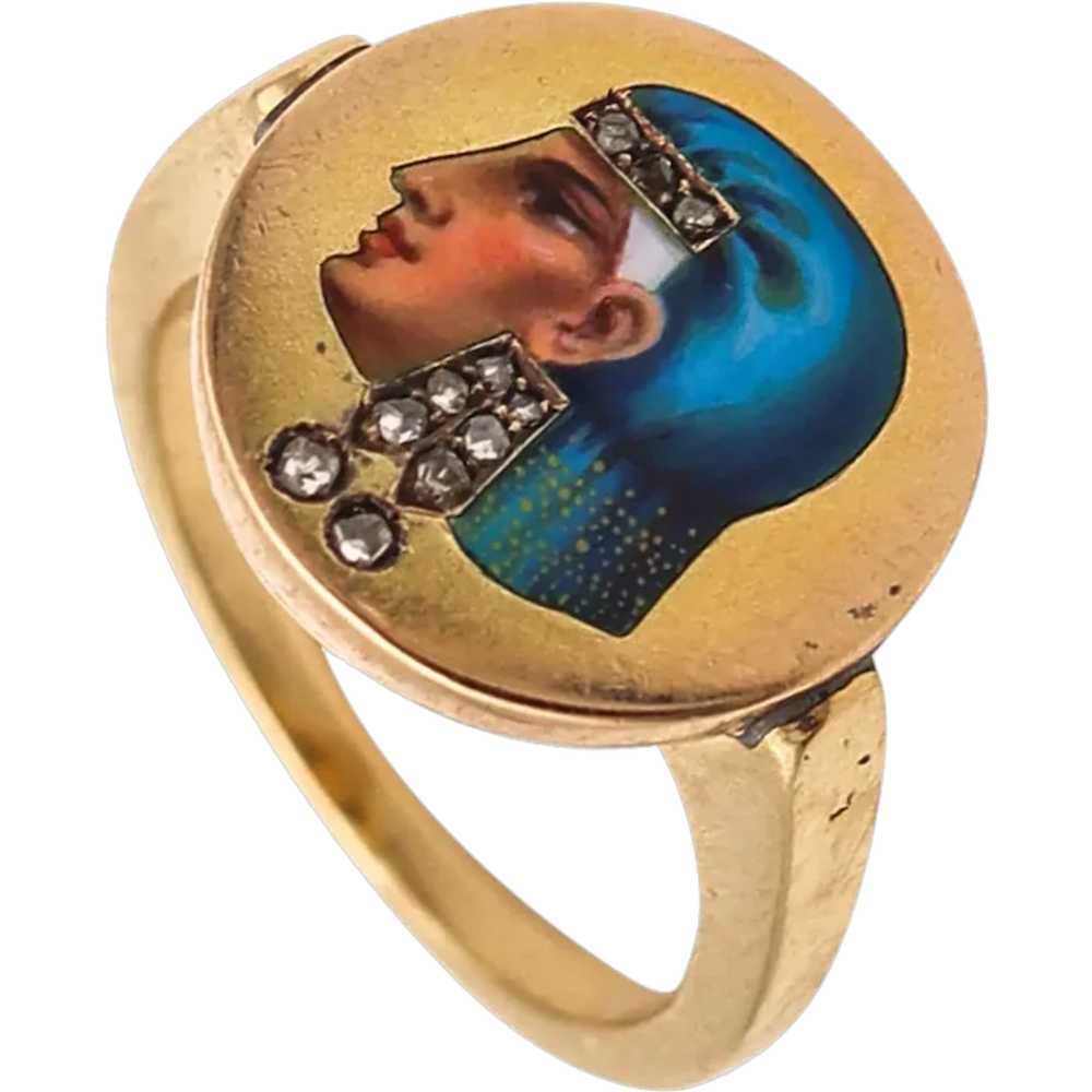 EGYPTIAN REVIVAL 1860 Enameled Ring In 14Kt Yello… - image 1