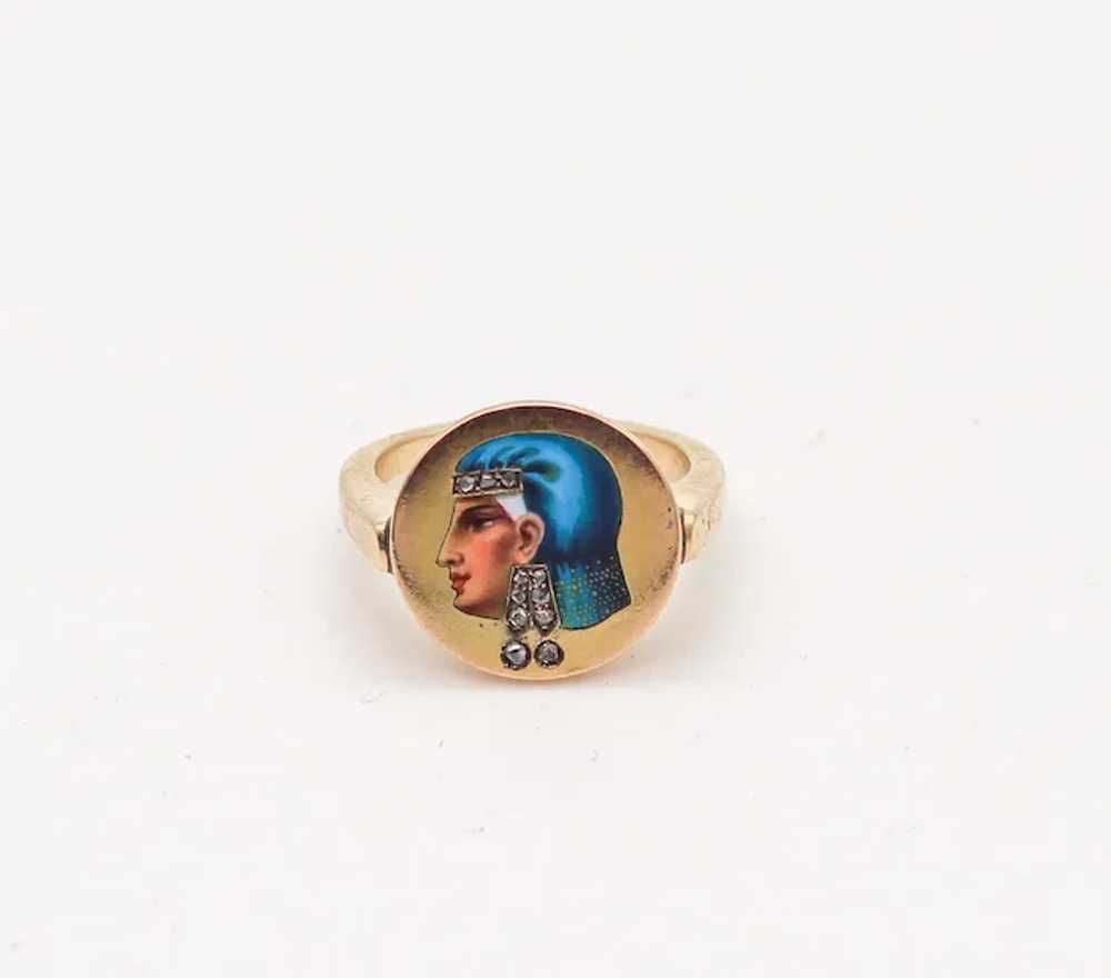 EGYPTIAN REVIVAL 1860 Enameled Ring In 14Kt Yello… - image 3