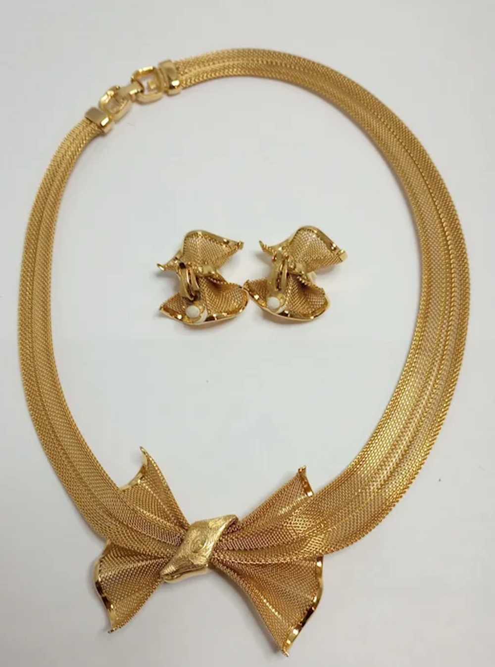 Givenchy Golden Mesh/Bow Chocker Necklace, Earrin… - image 2