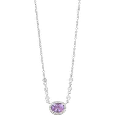 14k White Gold Oval Amethyst Halo Diamond Chain N… - image 1