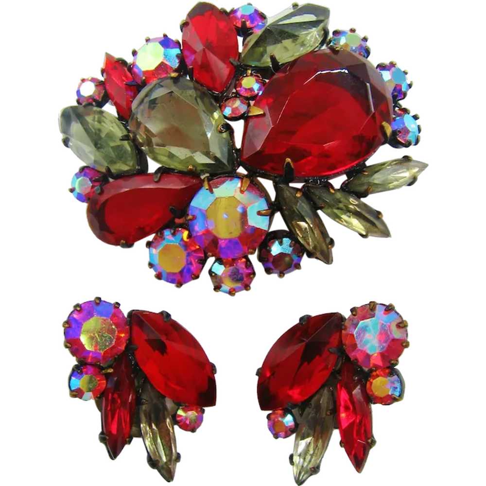 Vintage Austria  Red-Grey and Aurora Rhinestone B… - image 1