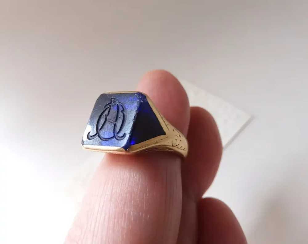 Antique 18K Yellow Gold Carved Lab Sapphire Signe… - image 3