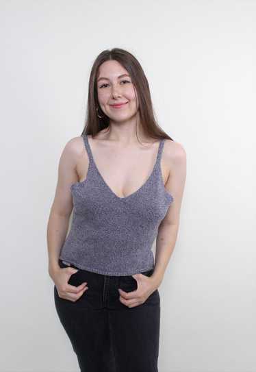 90s knit linen crop top, vintage grey knitted tan… - image 1