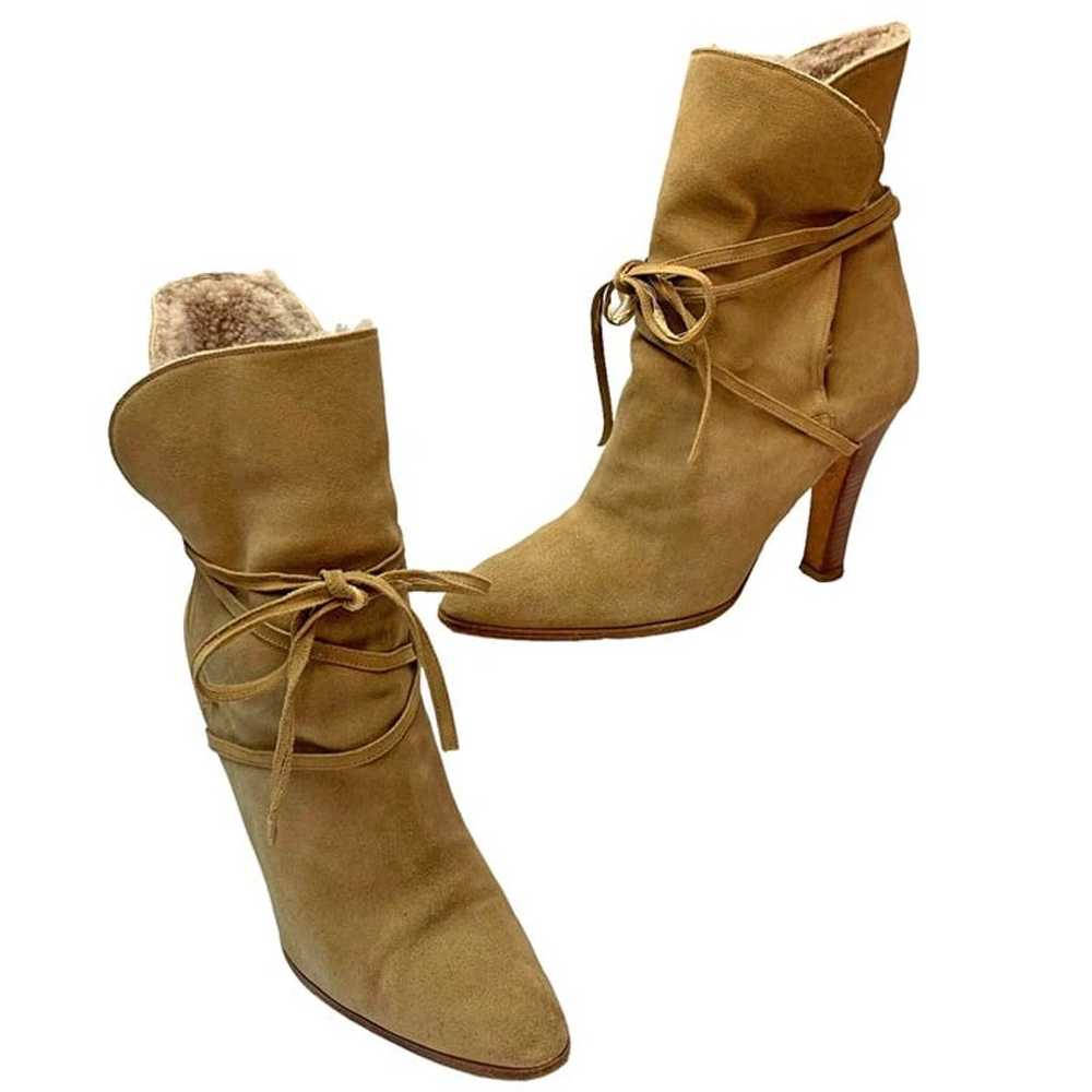 BRIAN ATWOOD Tan Suede Shearling Wrap Heeled Boot… - image 10