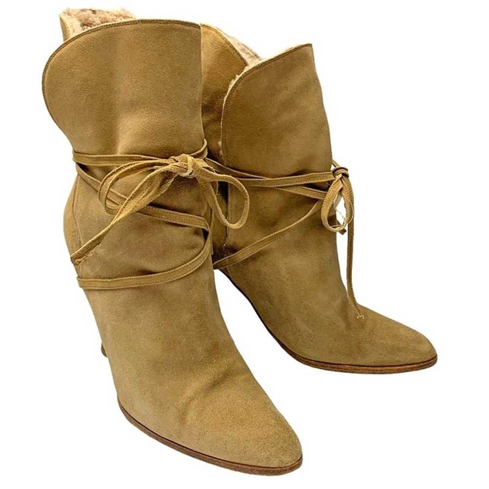 BRIAN ATWOOD Tan Suede Shearling Wrap Heeled Boot… - image 7