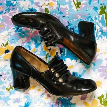 1960s loafer pilgrim style black heels with gold … - image 1
