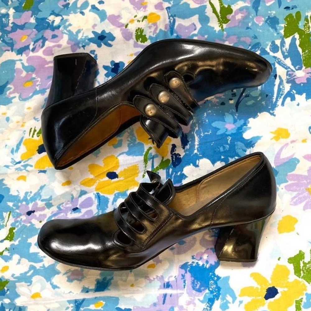 1960s loafer pilgrim style black heels with gold … - image 2