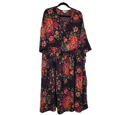 BUYKUD Brown Pink Floral Lagenlook Pocket Dress XL