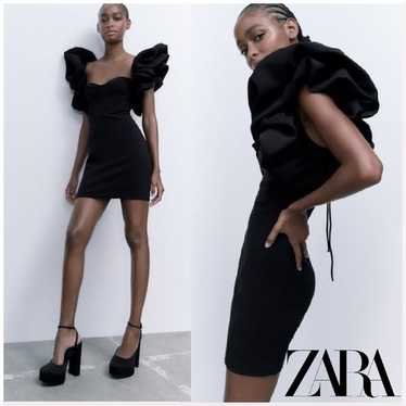 Zara Voluminous Ecru Ruffle Sleeve Black Mini Dres