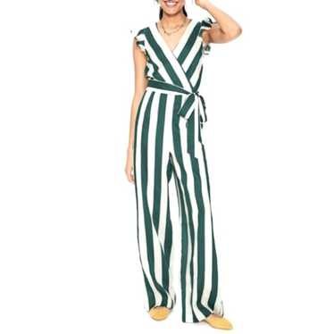 Boden Mila Green Striped Natural Linen wide leg f… - image 1