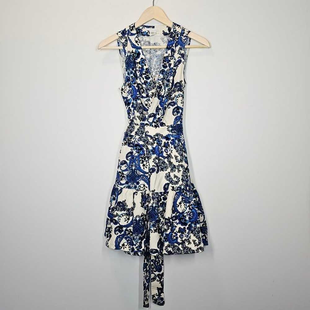 Christian Lacroix Linen Wrap Mini Dress Blue Flor… - image 1