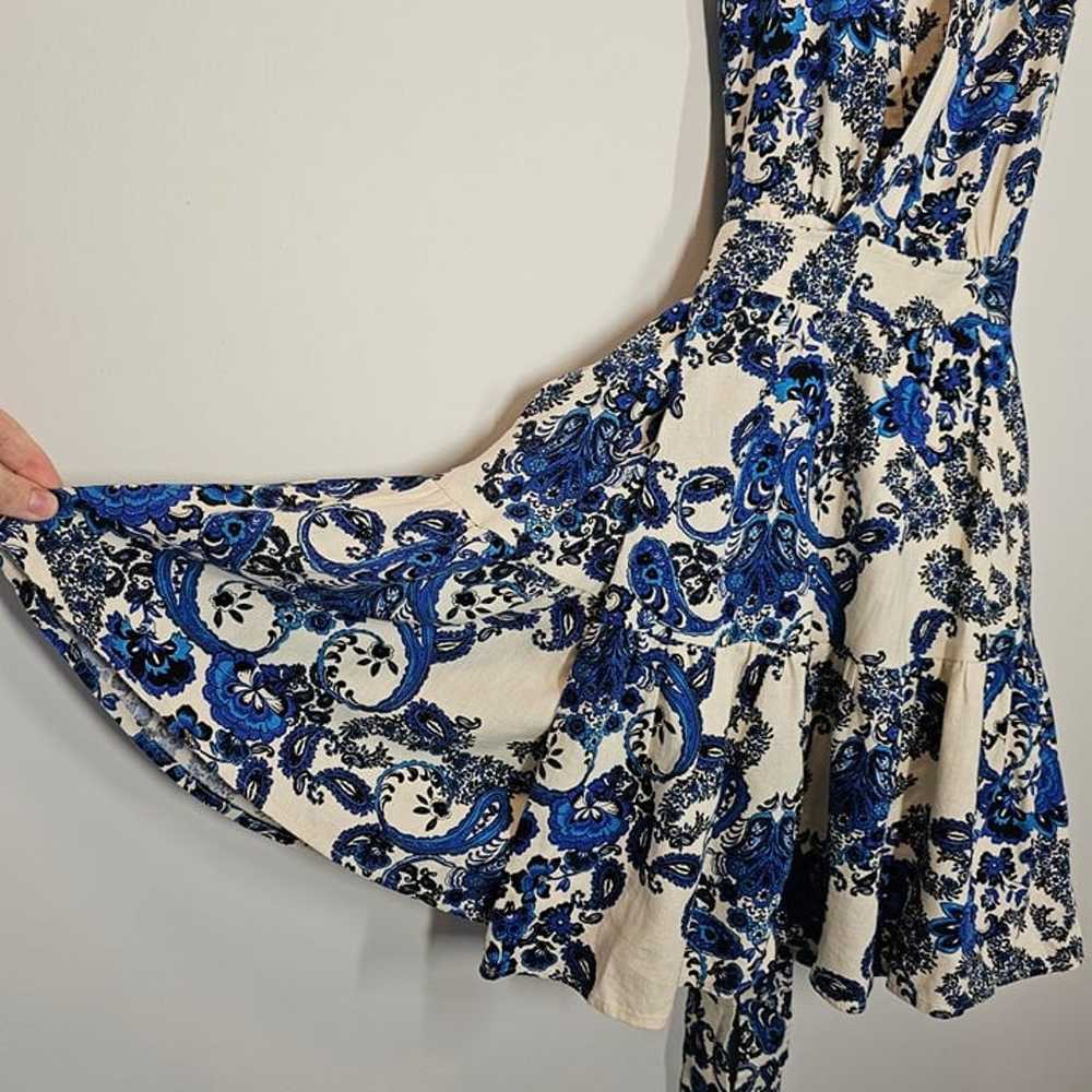 Christian Lacroix Linen Wrap Mini Dress Blue Flor… - image 3