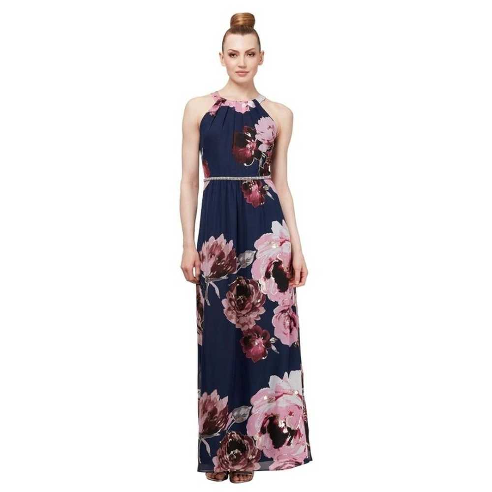 SLNY Navy Floral Maxi Formal Dress Size 12 - image 2