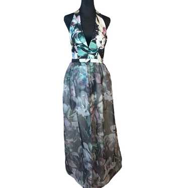Bebe Watercolor Halter Gown Size 8 Purple Teal Sat