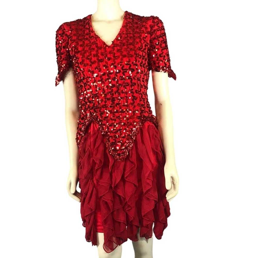 Vintage Dollar Red Sequence layered ruffled dress… - image 1