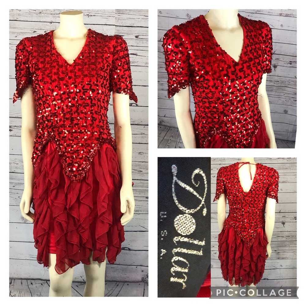 Vintage Dollar Red Sequence layered ruffled dress… - image 3
