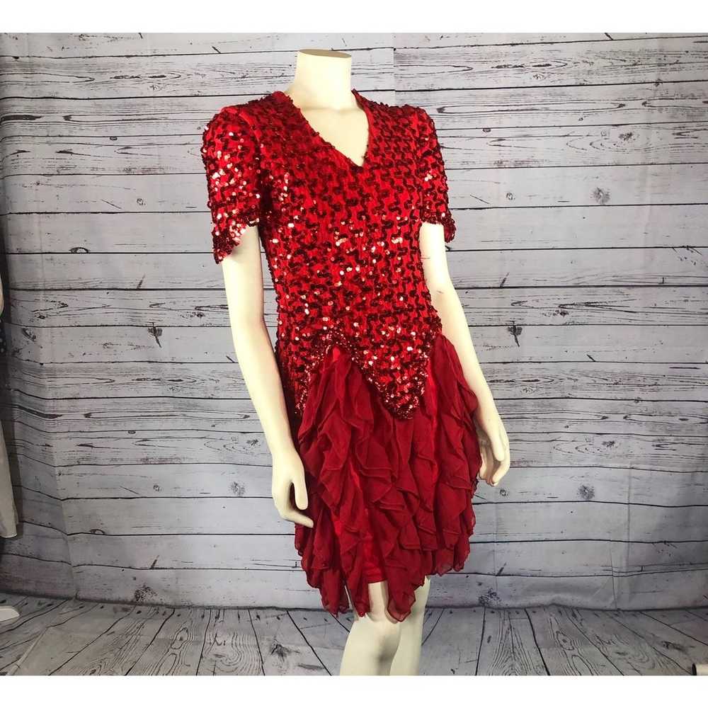 Vintage Dollar Red Sequence layered ruffled dress… - image 4