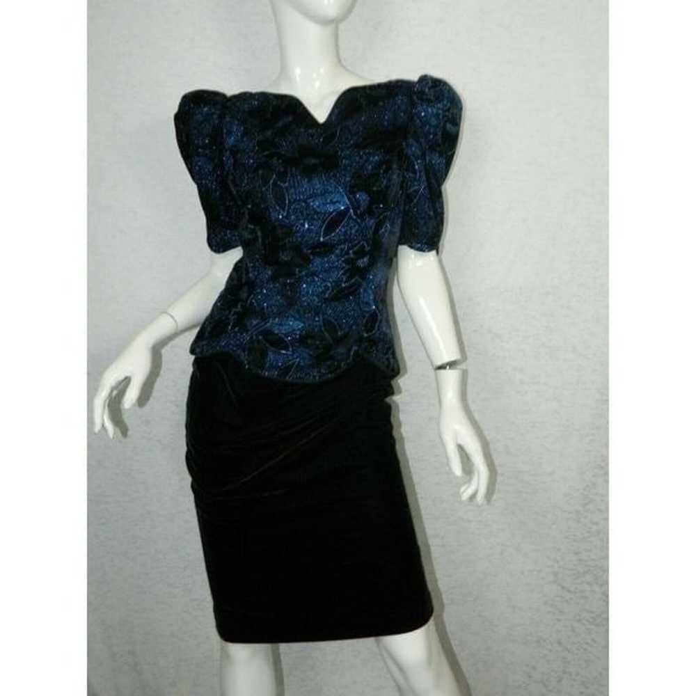 Jessica McClintock Dress Vintage Black Velvet Blu… - image 5