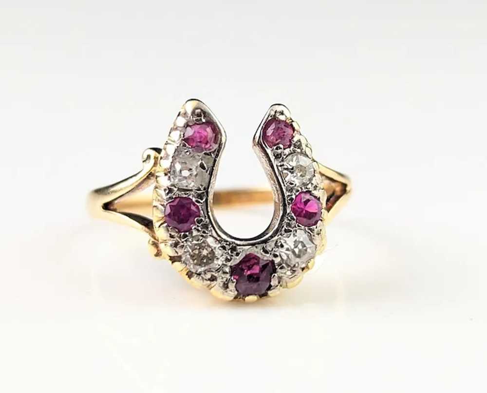 Antique Ruby and Diamond horseshoe ring, 18k yell… - image 11