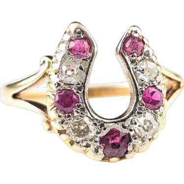 Antique Ruby and Diamond horseshoe ring, 18k yell… - image 1