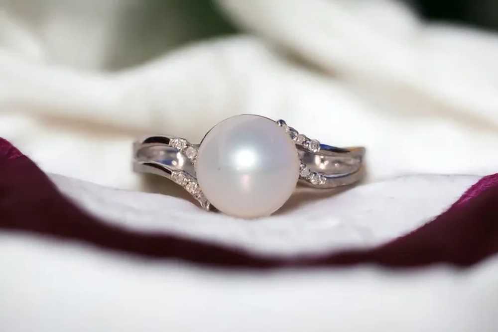 Pearl and Natural Diamond Ring in White Gold - image 10