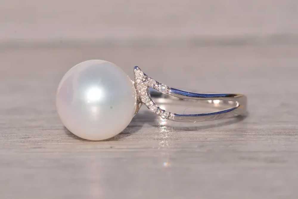 Pearl and Natural Diamond Ring in White Gold - image 2