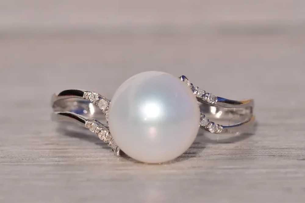 Pearl and Natural Diamond Ring in White Gold - image 6