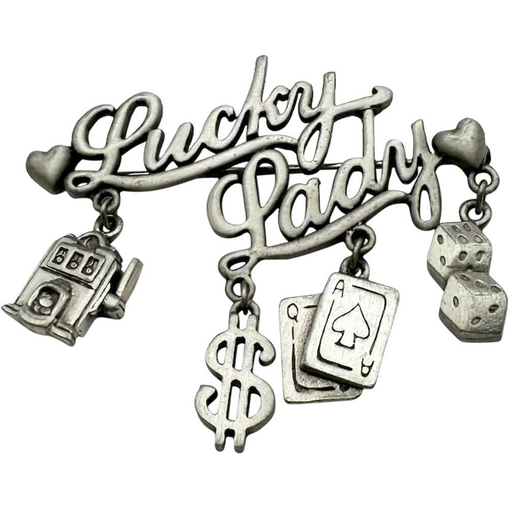 JJ signed LUCKY LADY Casino Pewter Brooch with Da… - image 1
