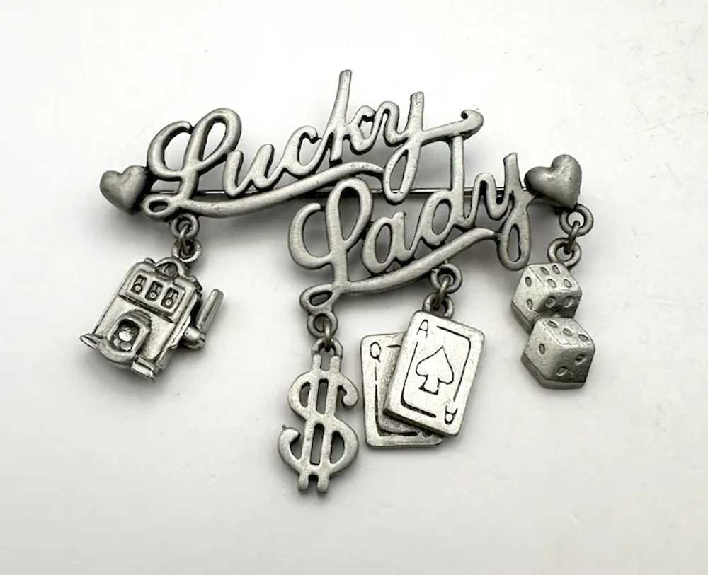 JJ signed LUCKY LADY Casino Pewter Brooch with Da… - image 2