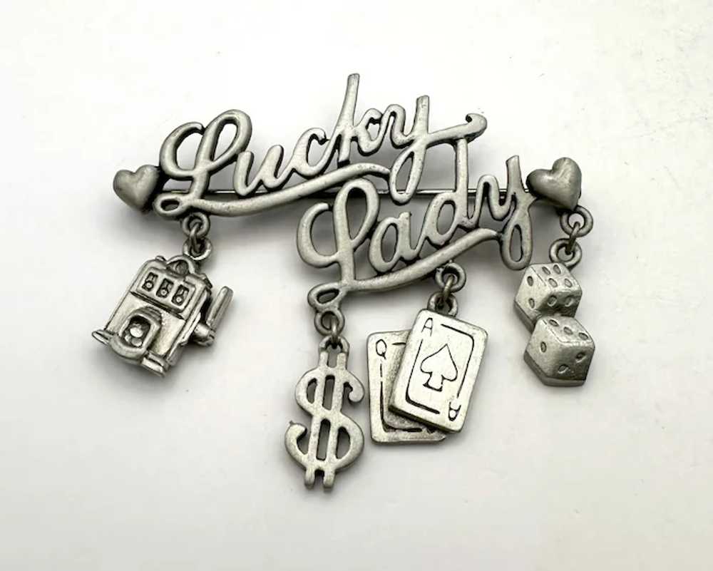 JJ signed LUCKY LADY Casino Pewter Brooch with Da… - image 3