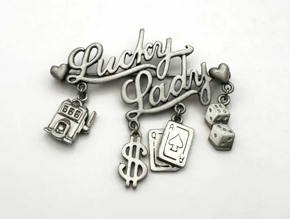 JJ signed LUCKY LADY Casino Pewter Brooch with Da… - image 4