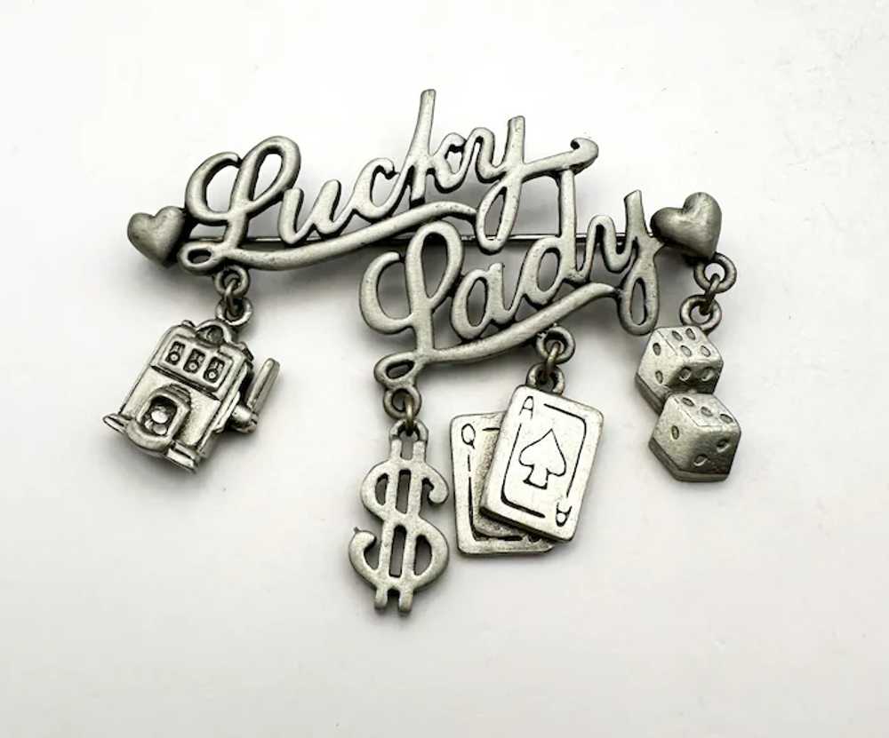 JJ signed LUCKY LADY Casino Pewter Brooch with Da… - image 5