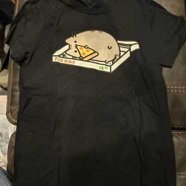 Black tee Pusheen the Cat eating pizza in the box - image 1