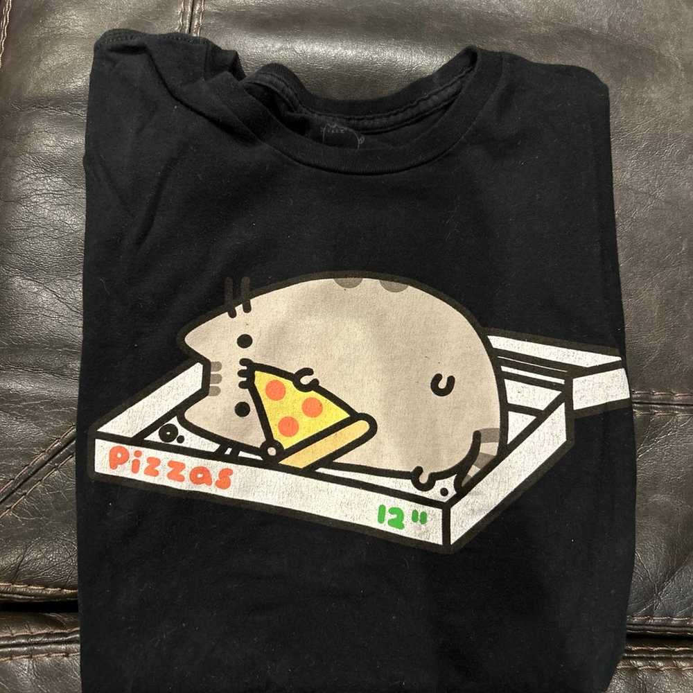Black tee Pusheen the Cat eating pizza in the box - image 6