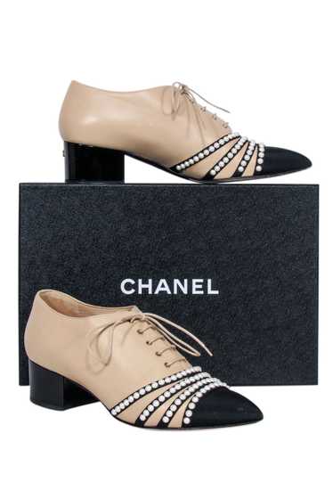 Chanel - Beige, Black, & Pearl Low Heel Loafers S… - image 1