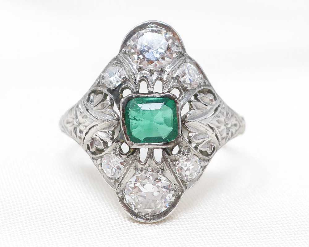 Edwardian Emerald & Diamond Ring - image 2