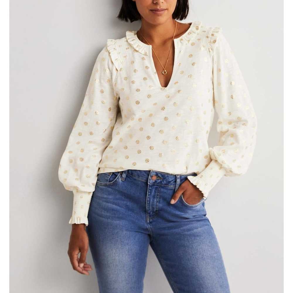 Boden Notch Neck Smocked Frill Top Dots Off White… - image 1