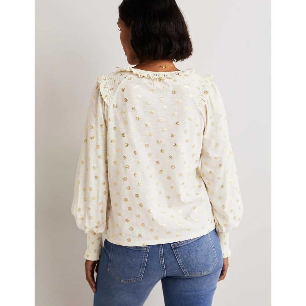 Boden Notch Neck Smocked Frill Top Dots Off White… - image 3