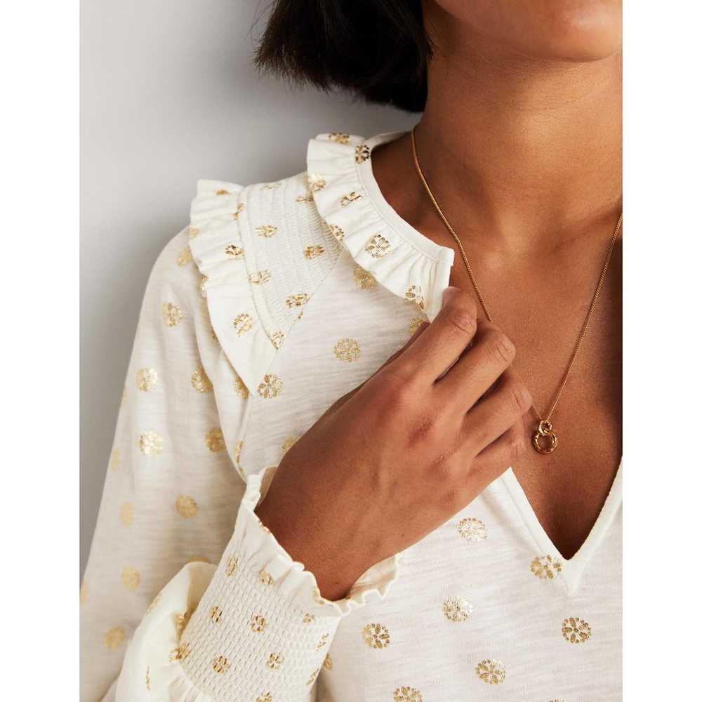 Boden Notch Neck Smocked Frill Top Dots Off White… - image 7