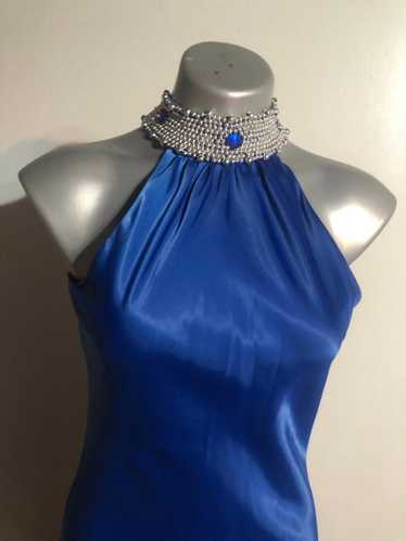 Designer Blue silky smooth halter gown dress with 