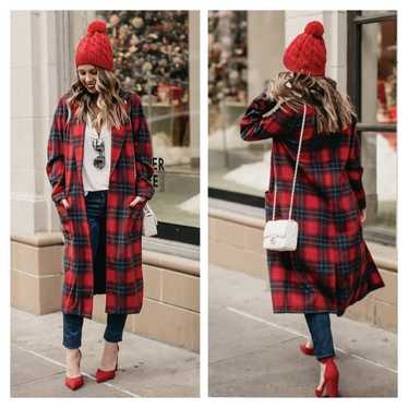 Leith Red Tartan Plaid Long Jacket Duster XXL - image 1