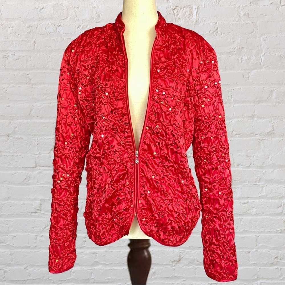 Vintage Red Sequin Satin Bomber Jacket  | Metalli… - image 1
