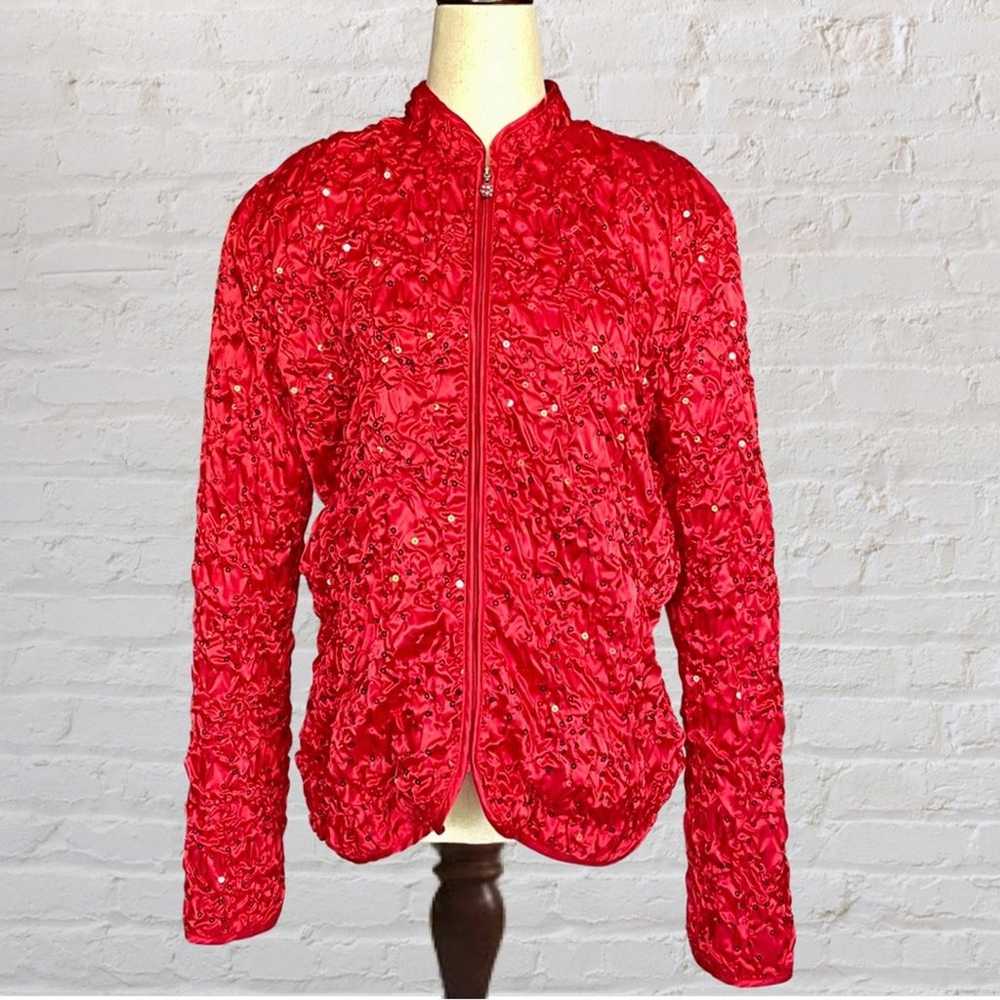 Vintage Red Sequin Satin Bomber Jacket  | Metalli… - image 4