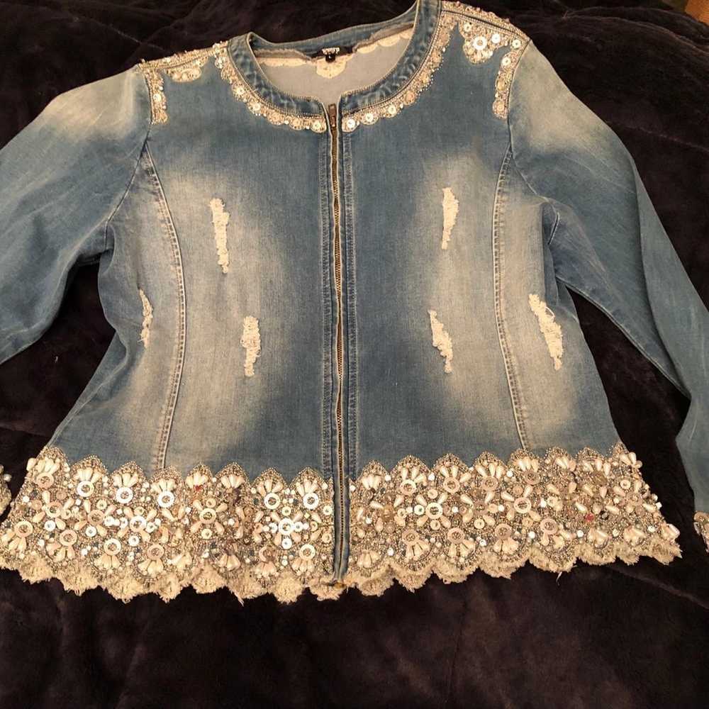 Tesoro Moda Jean Jacket with Lace, Beads, Bling, … - image 1