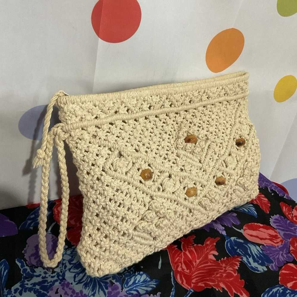 Vintage Crochet Macramé Bag Zip Top Wood Beads - image 1