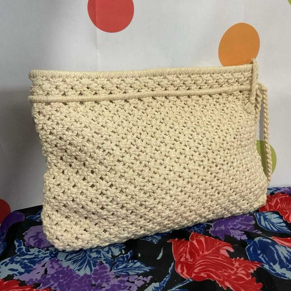 Vintage Crochet Macramé Bag Zip Top Wood Beads - image 2